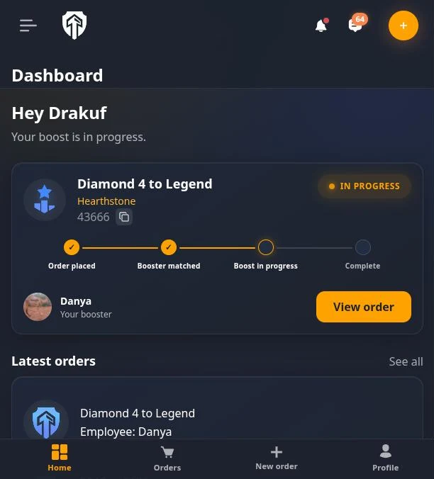 BuyBoosting customer dashboard showing a live boost order with progress stages and booster chat